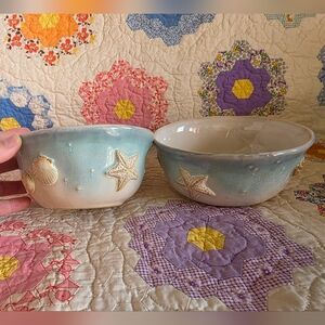 Seashell Ceramic Serving Bowls in Aqua Gradient - Coastal Home Art